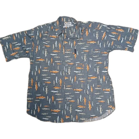 Columbia Sportswear Shirt XL Gray Fish Short Sleeve Button Front Casual Outdoor - Picture 1 of 8